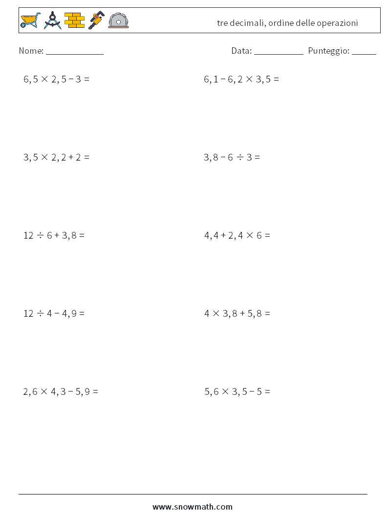 (10) tre decimali, ordine delle operazioni Fogli di lavoro di matematica 10
