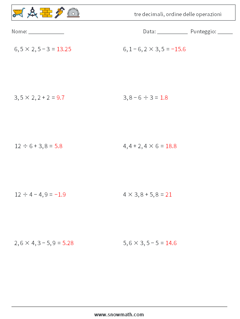 (10) tre decimali, ordine delle operazioni Fogli di lavoro di matematica 10 Domanda, Risposta