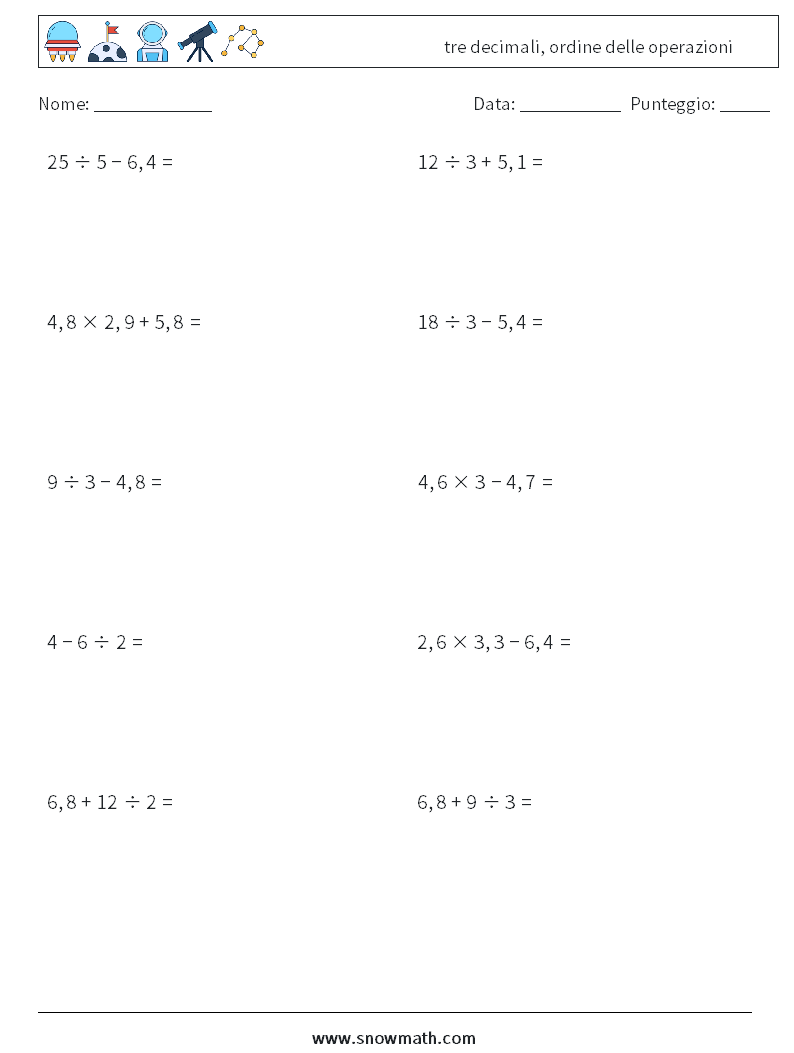 (10) tre decimali, ordine delle operazioni Fogli di lavoro di matematica 11