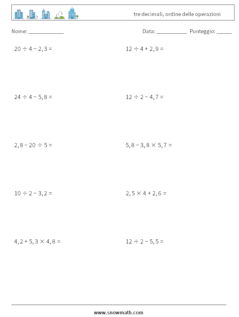 (10) tre decimali, ordine delle operazioni Fogli di lavoro di matematica 12