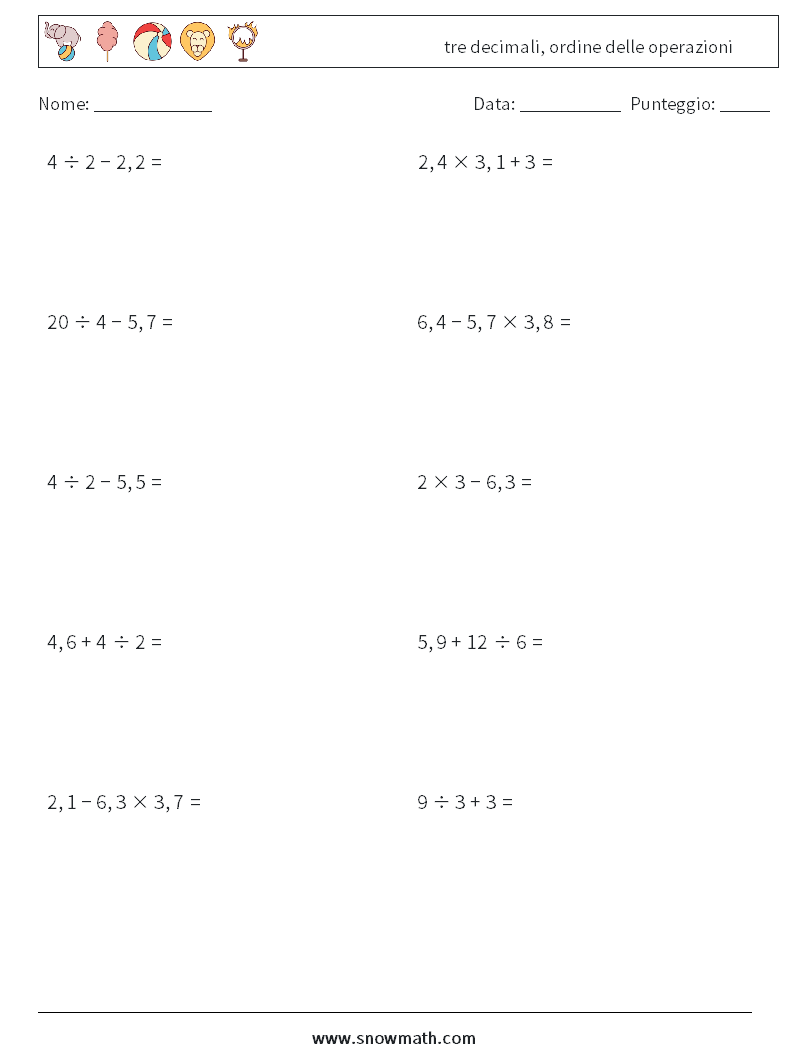 (10) tre decimali, ordine delle operazioni Fogli di lavoro di matematica 13