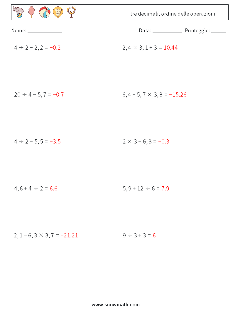 (10) tre decimali, ordine delle operazioni Fogli di lavoro di matematica 13 Domanda, Risposta