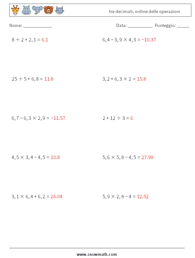 (10) tre decimali, ordine delle operazioni Fogli di lavoro di matematica 15 Domanda, Risposta