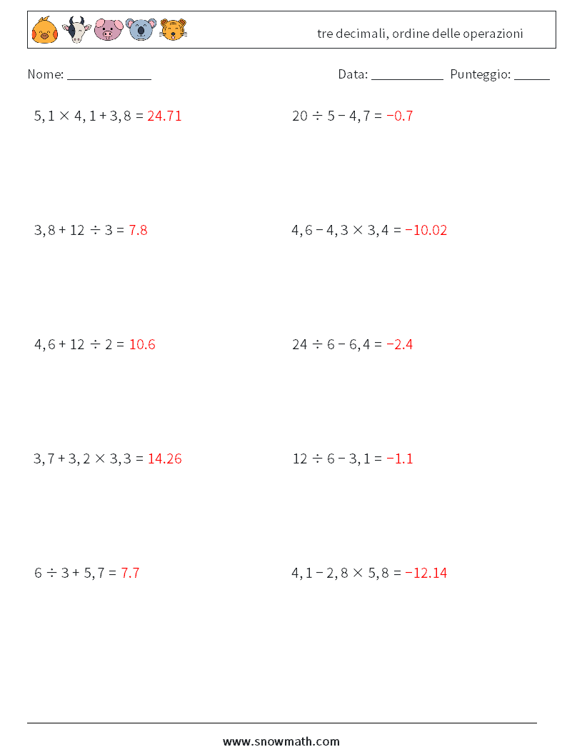 (10) tre decimali, ordine delle operazioni Fogli di lavoro di matematica 18 Domanda, Risposta