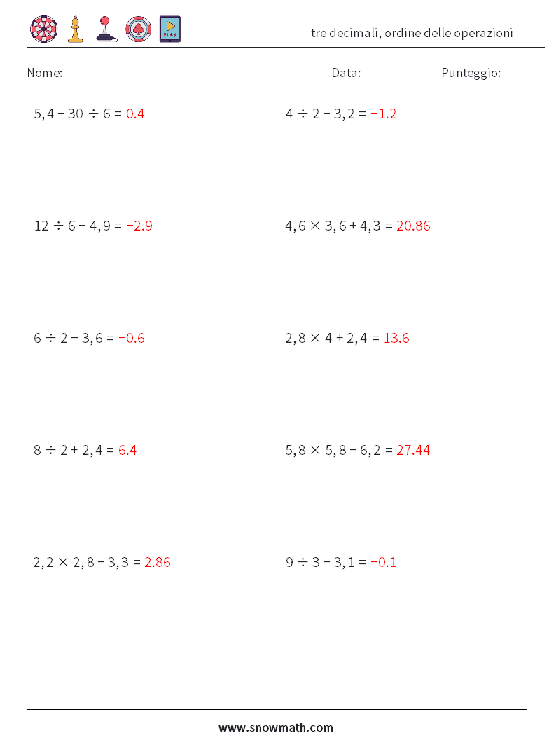 (10) tre decimali, ordine delle operazioni Fogli di lavoro di matematica 2 Domanda, Risposta