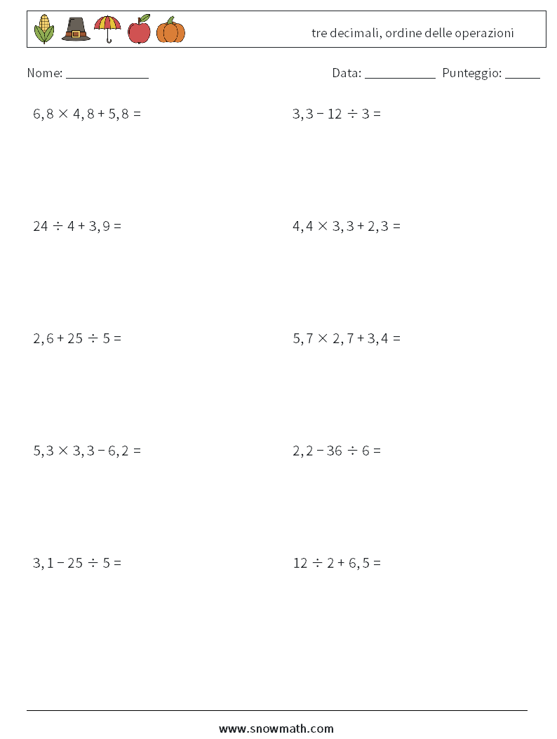 (10) tre decimali, ordine delle operazioni Fogli di lavoro di matematica 4