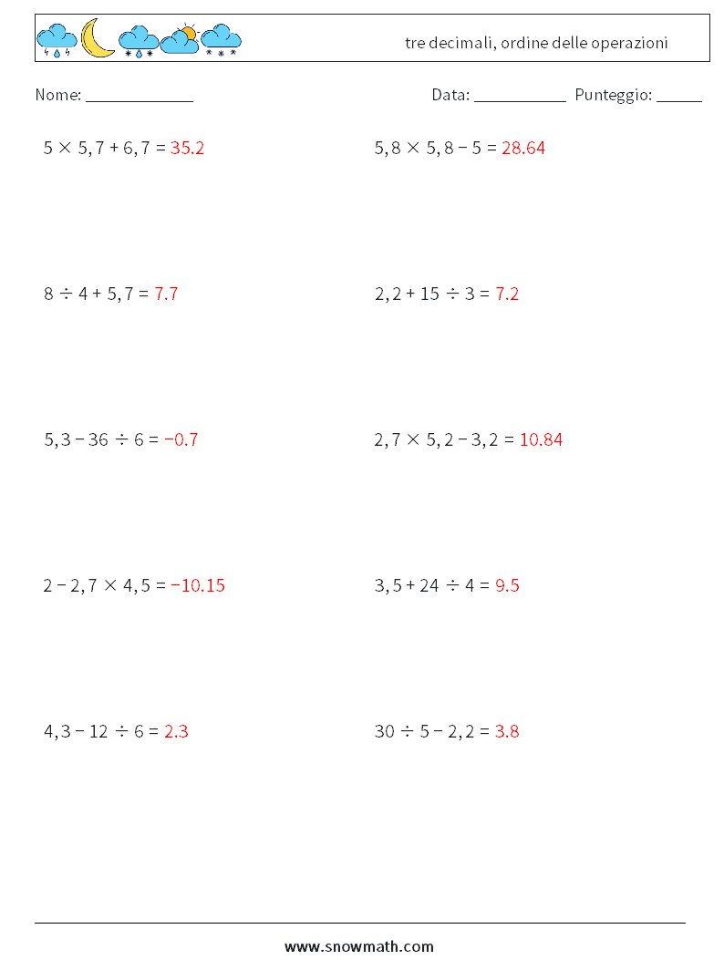 (10) tre decimali, ordine delle operazioni Fogli di lavoro di matematica 6 Domanda, Risposta