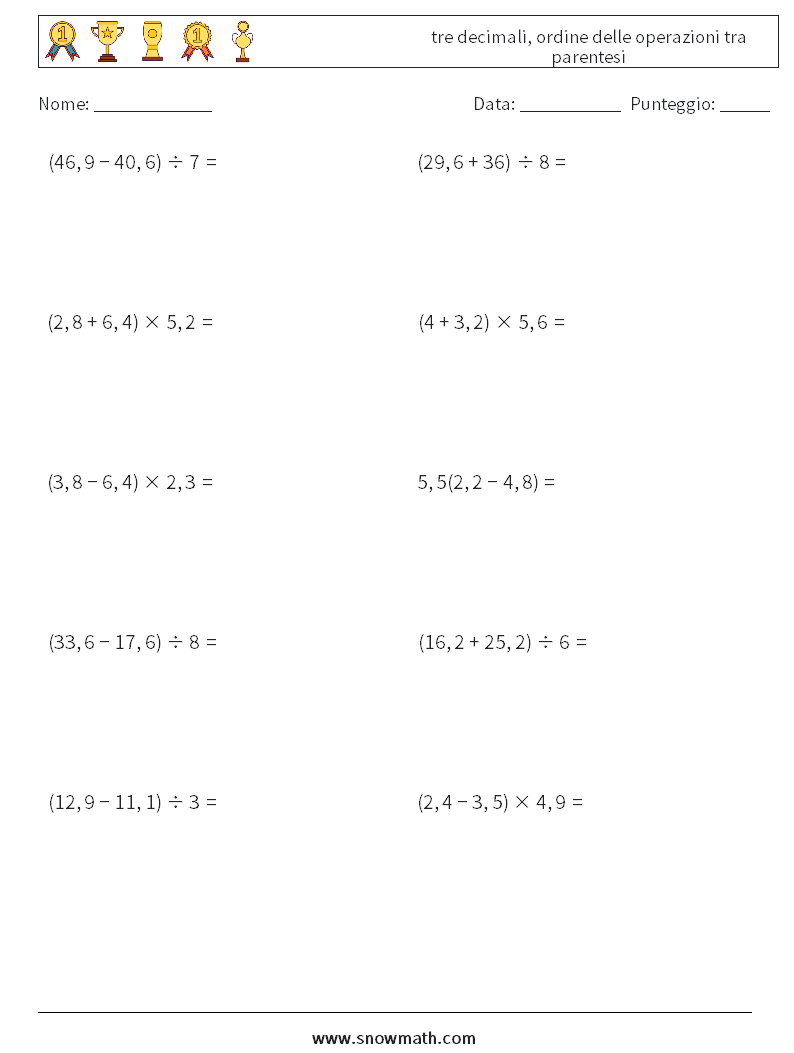 (10) tre decimali, ordine delle operazioni tra parentesi Fogli di lavoro di matematica 11