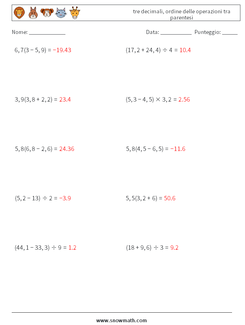 (10) tre decimali, ordine delle operazioni tra parentesi Fogli di lavoro di matematica 4 Domanda, Risposta
