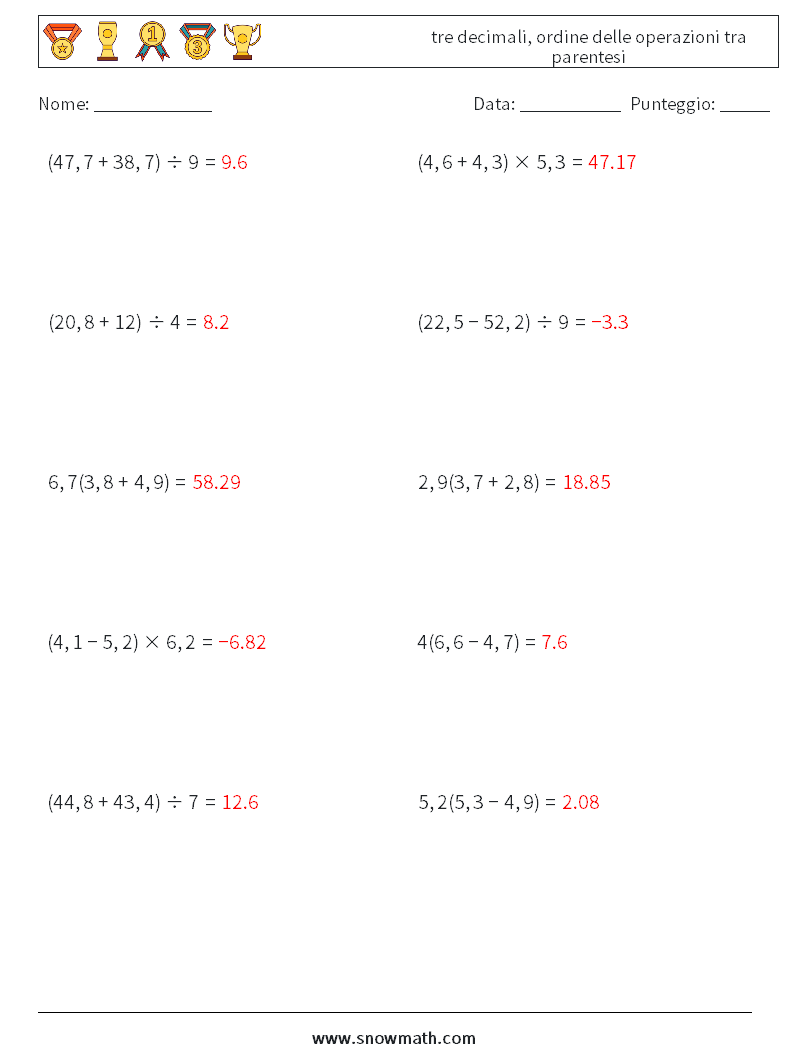 (10) tre decimali, ordine delle operazioni tra parentesi Fogli di lavoro di matematica 9 Domanda, Risposta