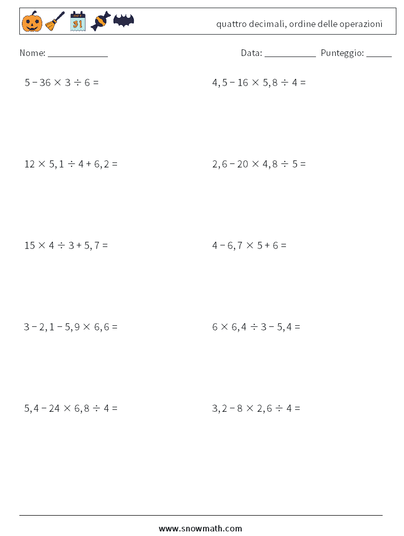 (10) quattro decimali, ordine delle operazioni Fogli di lavoro di matematica 12