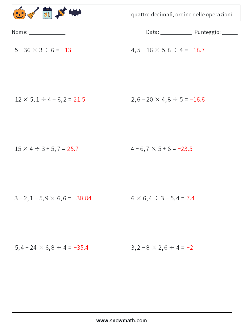 (10) quattro decimali, ordine delle operazioni Fogli di lavoro di matematica 12 Domanda, Risposta