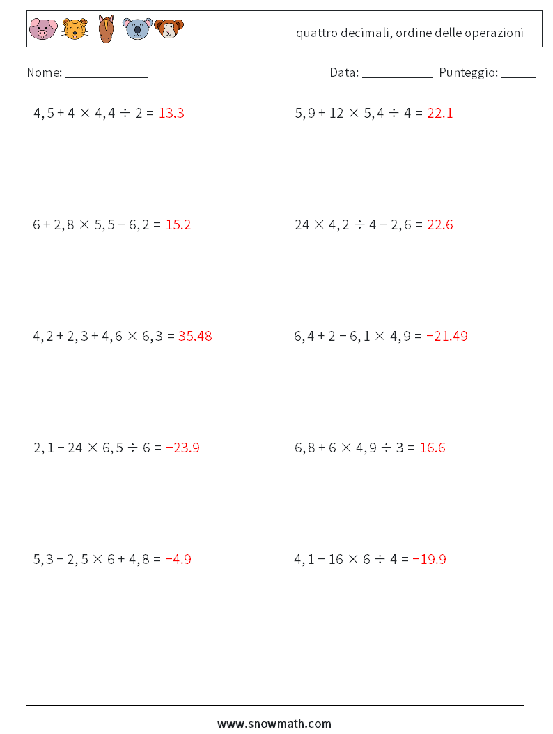 (10) quattro decimali, ordine delle operazioni Fogli di lavoro di matematica 14 Domanda, Risposta