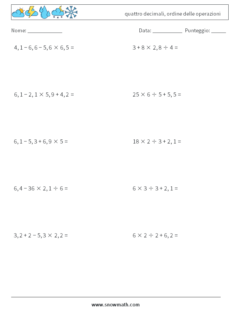 (10) quattro decimali, ordine delle operazioni Fogli di lavoro di matematica 16