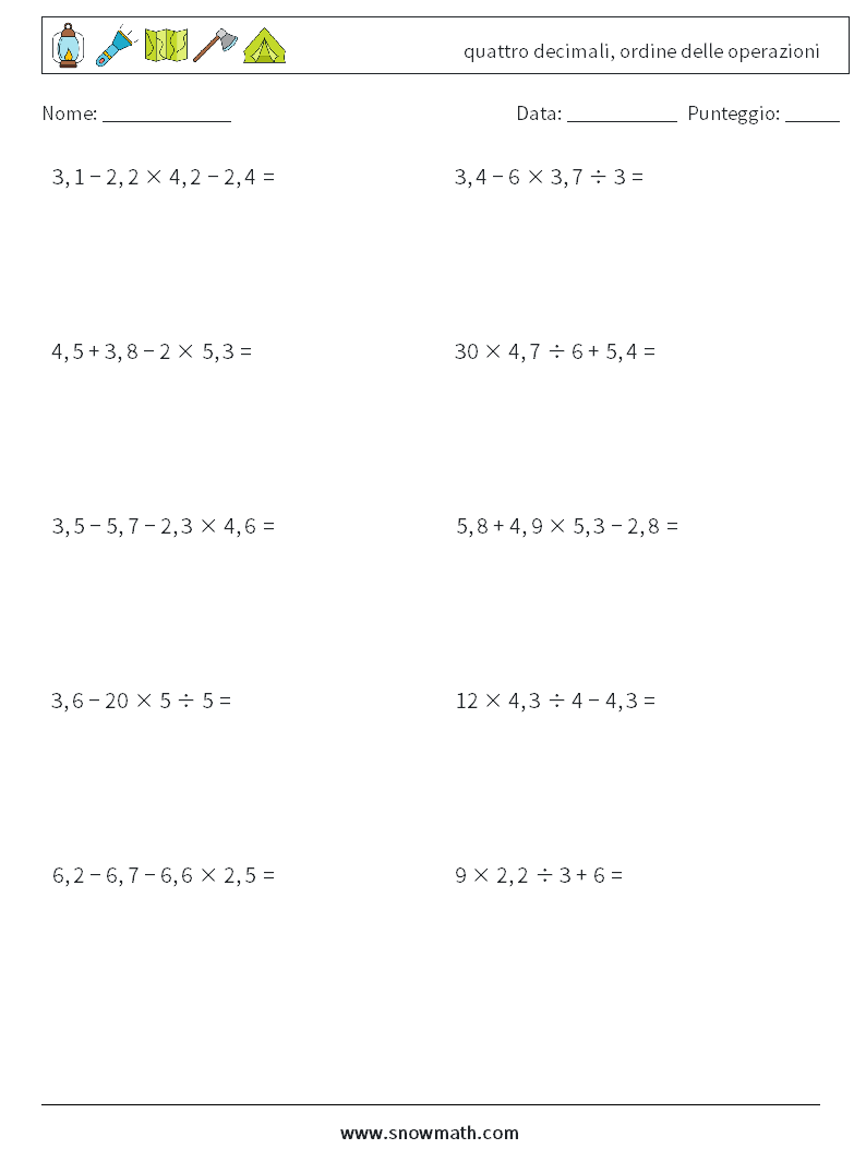 (10) quattro decimali, ordine delle operazioni Fogli di lavoro di matematica 18