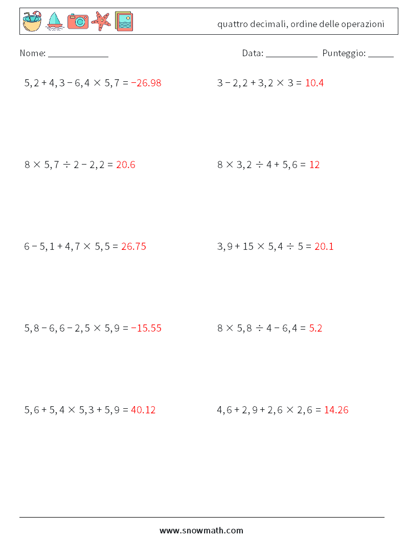 (10) quattro decimali, ordine delle operazioni Fogli di lavoro di matematica 2 Domanda, Risposta