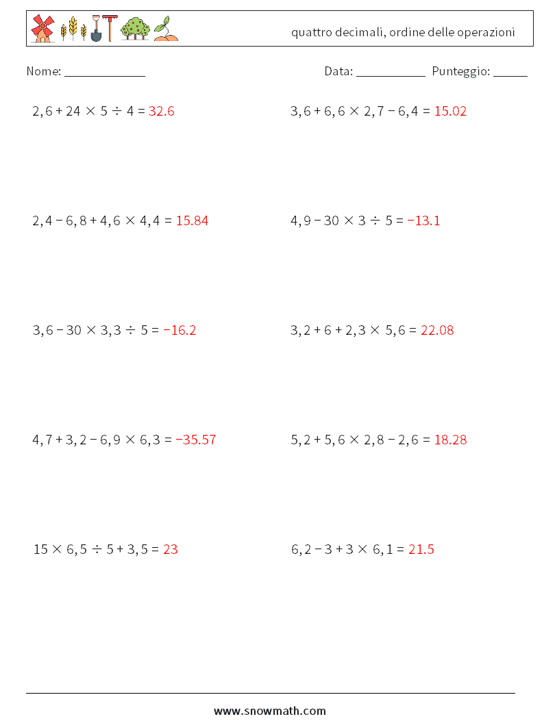 (10) quattro decimali, ordine delle operazioni Fogli di lavoro di matematica 5 Domanda, Risposta