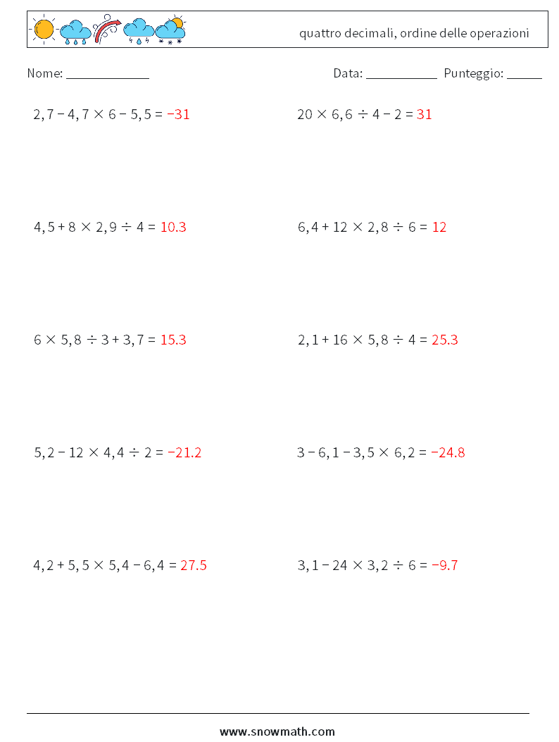 (10) quattro decimali, ordine delle operazioni Fogli di lavoro di matematica 6 Domanda, Risposta