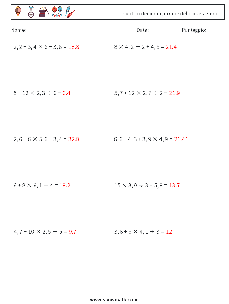 (10) quattro decimali, ordine delle operazioni Fogli di lavoro di matematica 7 Domanda, Risposta