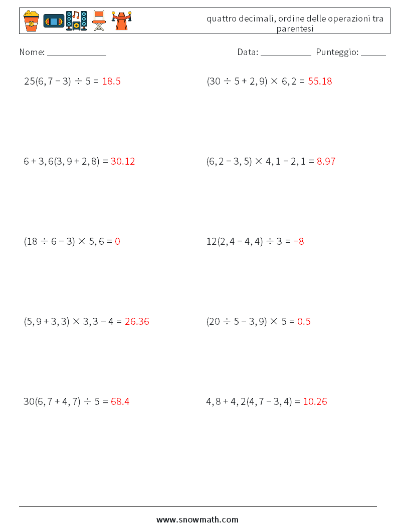 (10) quattro decimali, ordine delle operazioni tra parentesi Fogli di lavoro di matematica 4 Domanda, Risposta