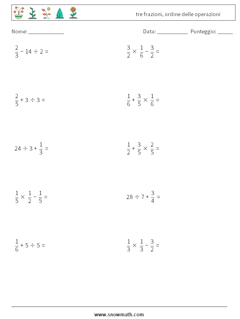 (10) tre frazioni, ordine delle operazioni Fogli di lavoro di matematica 6