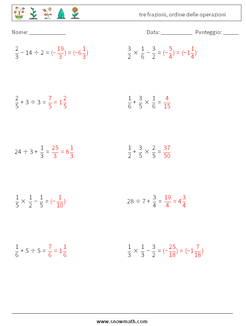 (10) tre frazioni, ordine delle operazioni Fogli di lavoro di matematica 6 Domanda, Risposta
