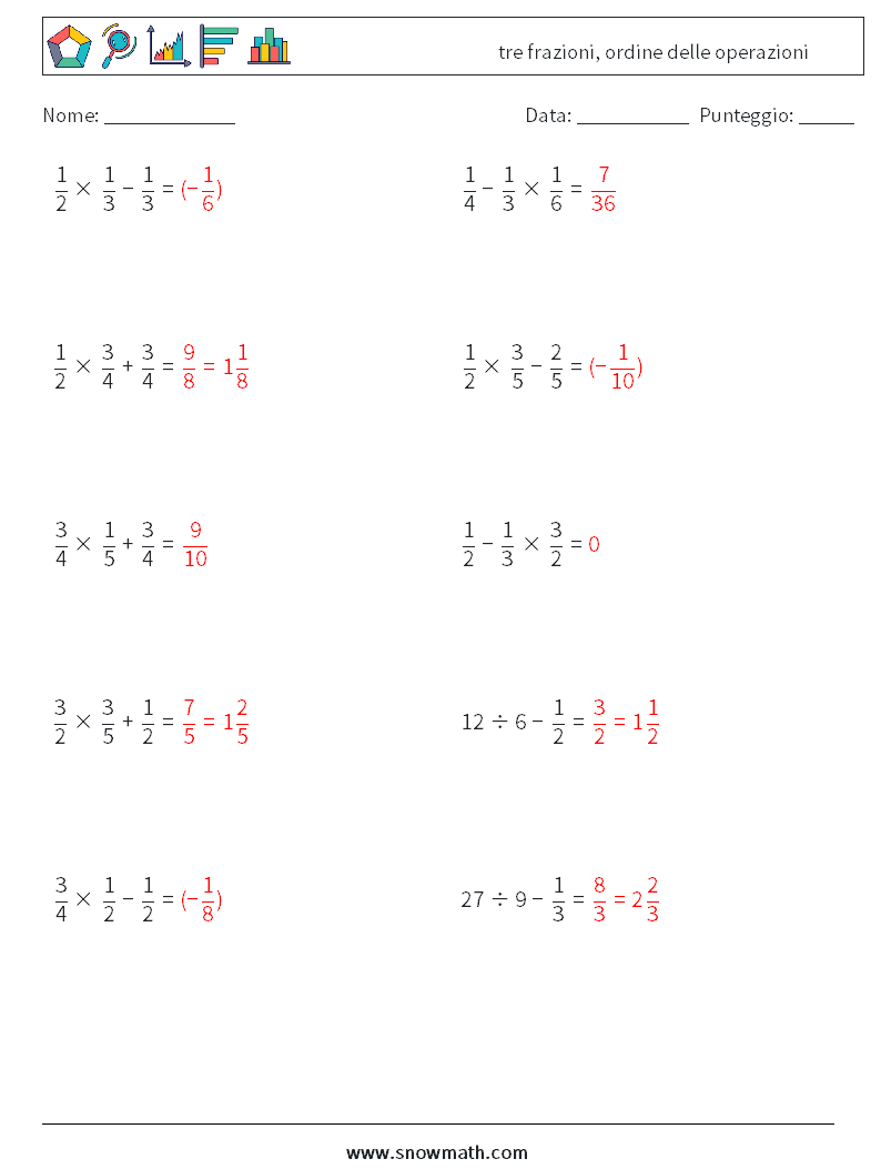 (10) tre frazioni, ordine delle operazioni Fogli di lavoro di matematica 8 Domanda, Risposta