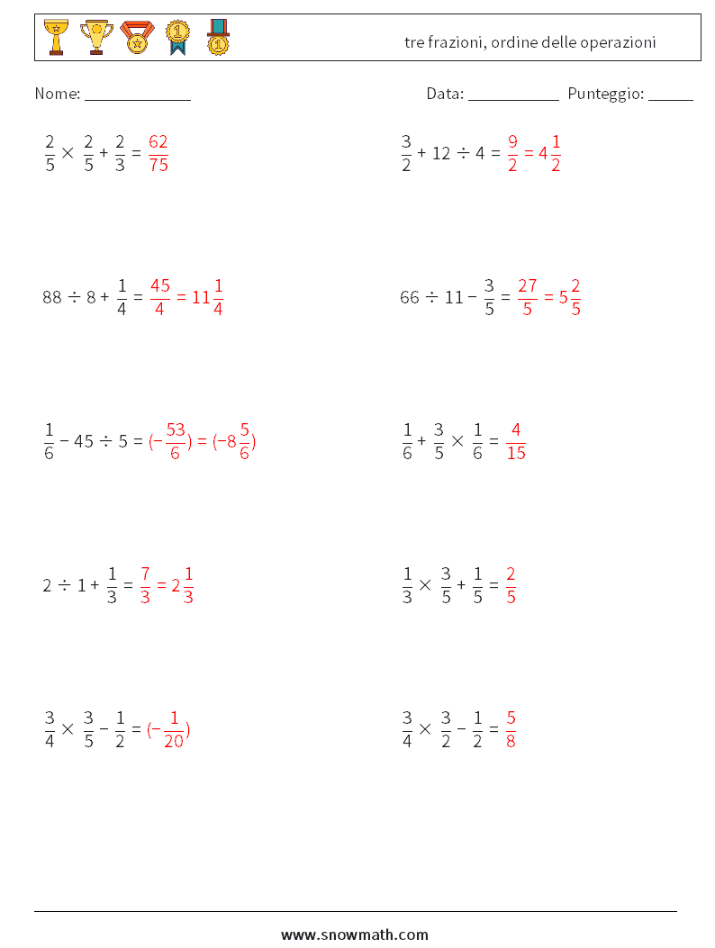 (10) tre frazioni, ordine delle operazioni Fogli di lavoro di matematica 9 Domanda, Risposta