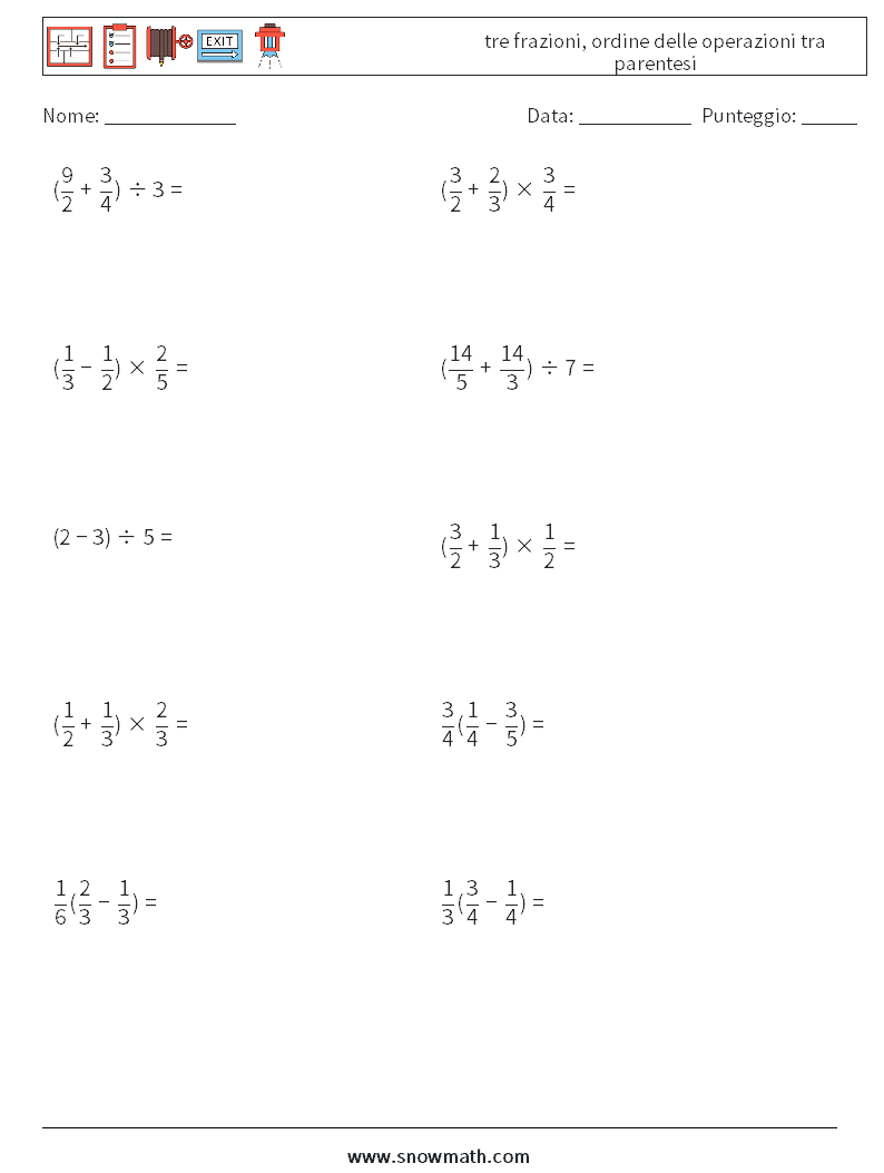 (10) tre frazioni, ordine delle operazioni tra parentesi Fogli di lavoro di matematica 16