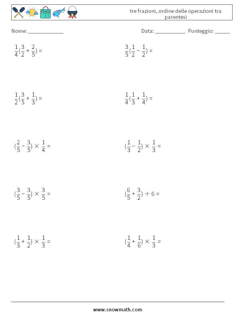 (10) tre frazioni, ordine delle operazioni tra parentesi Fogli di lavoro di matematica 9