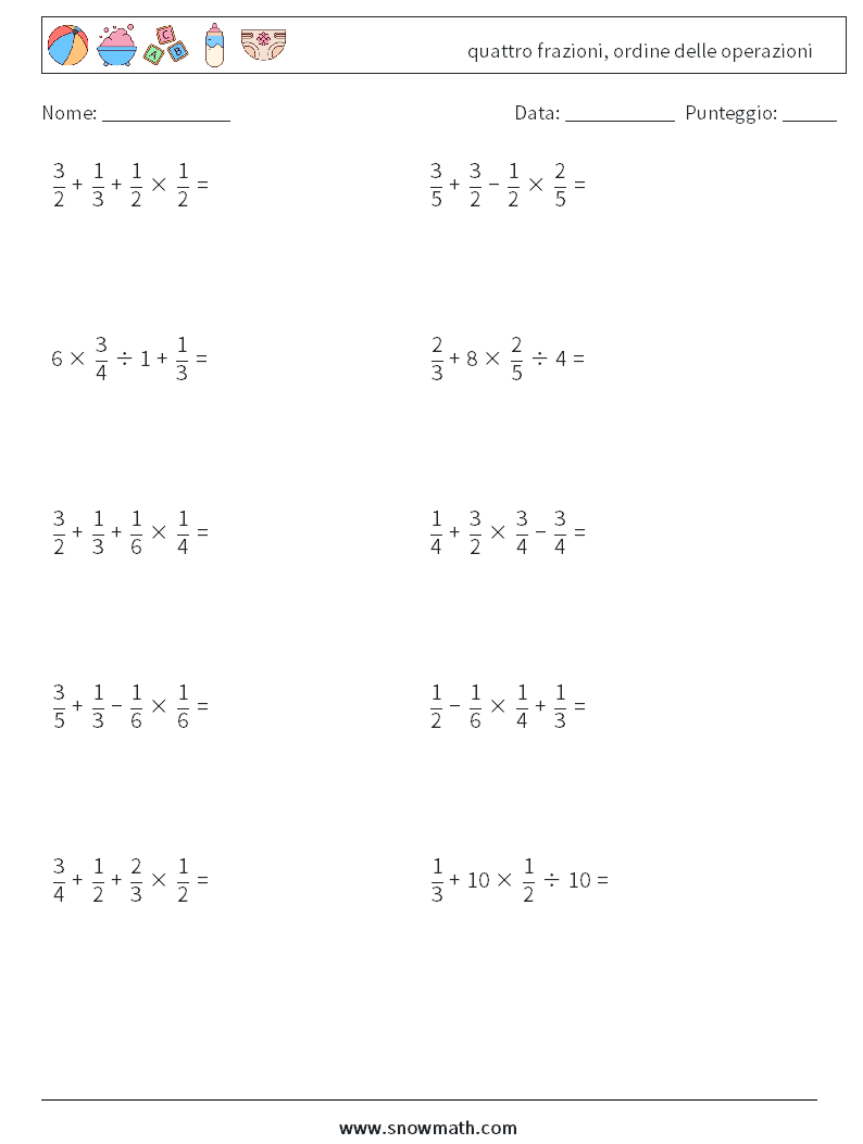 (10) quattro frazioni, ordine delle operazioni Fogli di lavoro di matematica 10