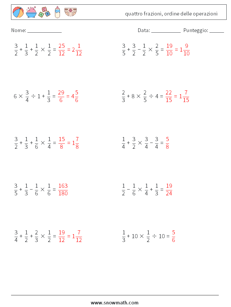 (10) quattro frazioni, ordine delle operazioni Fogli di lavoro di matematica 10 Domanda, Risposta