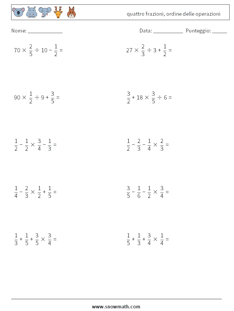 (10) quattro frazioni, ordine delle operazioni Fogli di lavoro di matematica 11