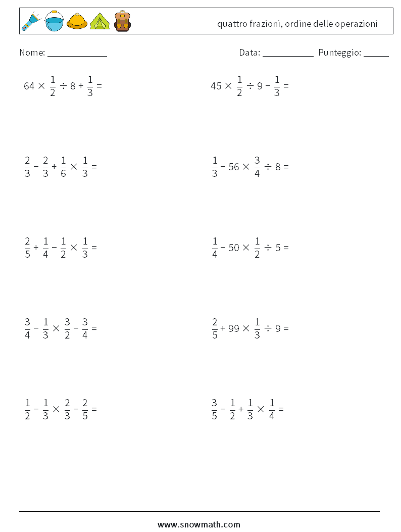 (10) quattro frazioni, ordine delle operazioni Fogli di lavoro di matematica 12