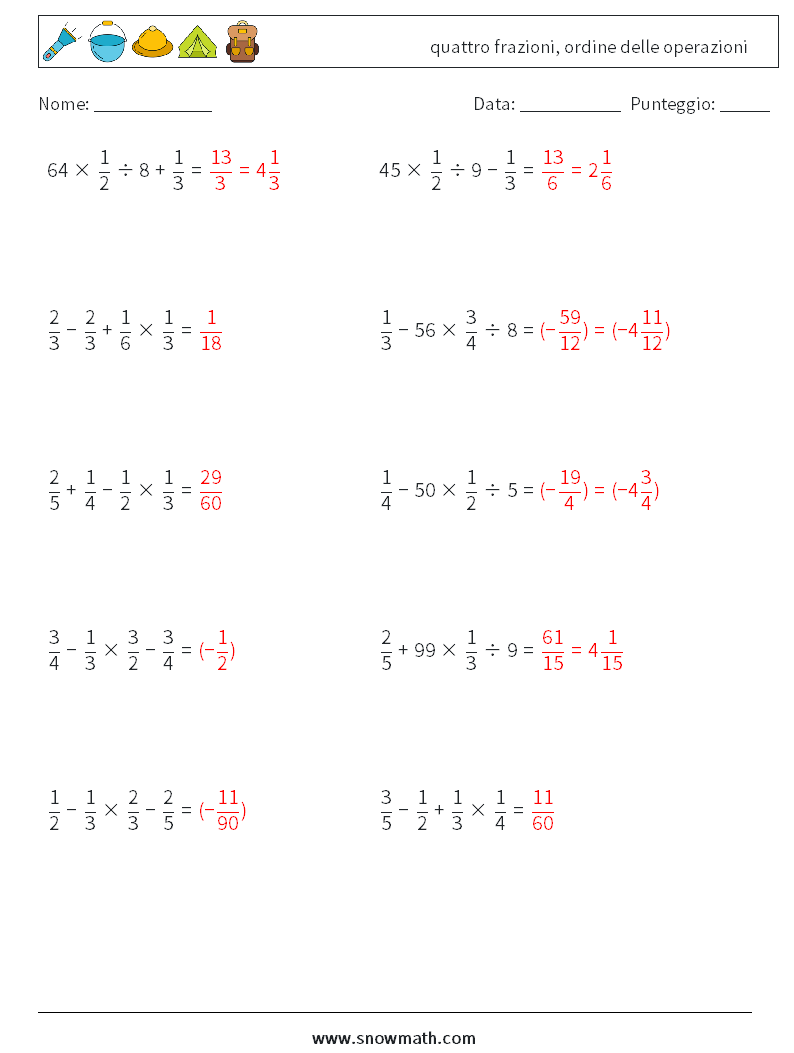 (10) quattro frazioni, ordine delle operazioni Fogli di lavoro di matematica 12 Domanda, Risposta