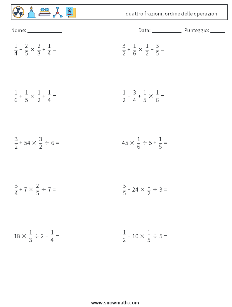 (10) quattro frazioni, ordine delle operazioni Fogli di lavoro di matematica 14