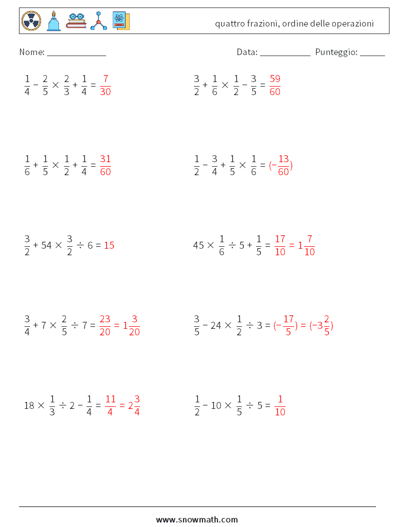 (10) quattro frazioni, ordine delle operazioni Fogli di lavoro di matematica 14 Domanda, Risposta