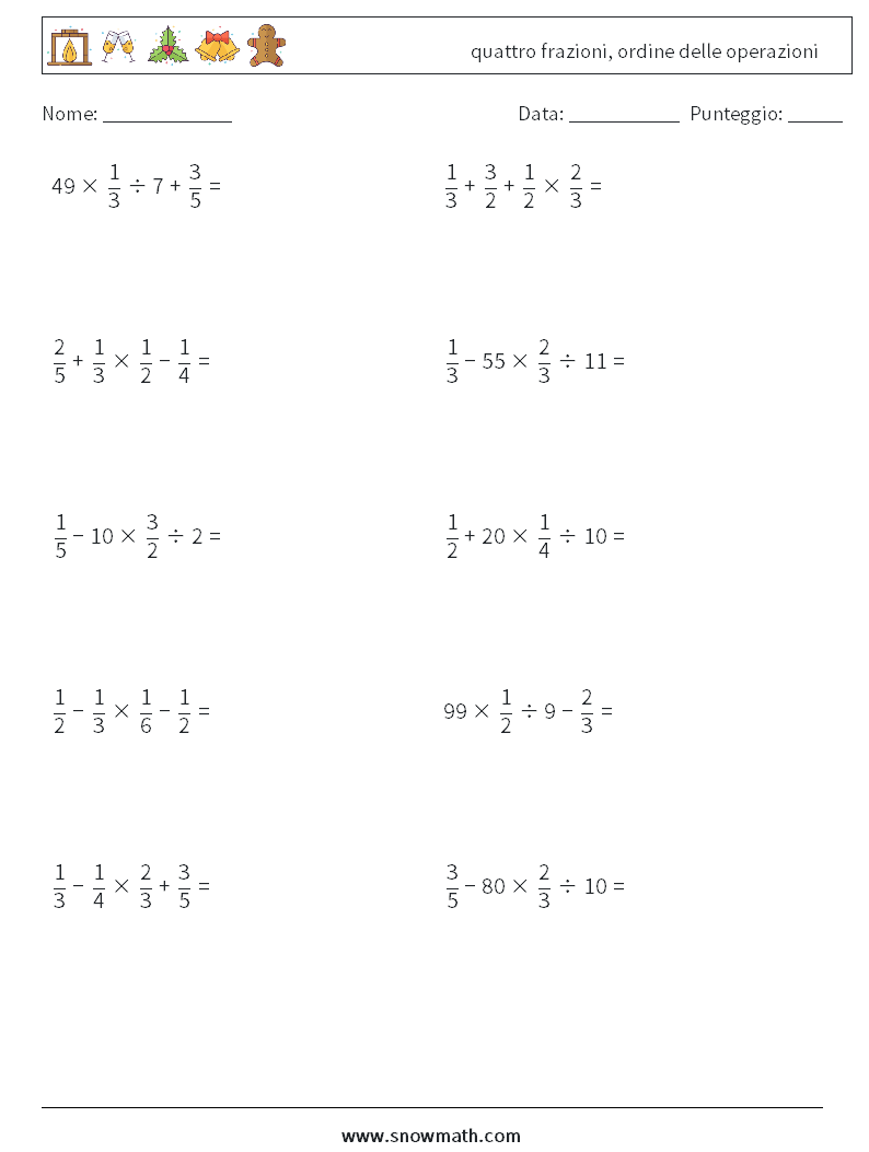 (10) quattro frazioni, ordine delle operazioni Fogli di lavoro di matematica 15