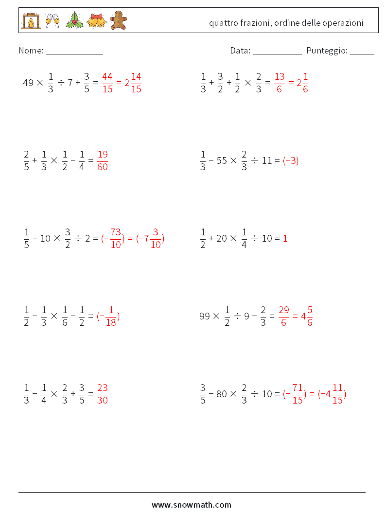 (10) quattro frazioni, ordine delle operazioni Fogli di lavoro di matematica 15 Domanda, Risposta
