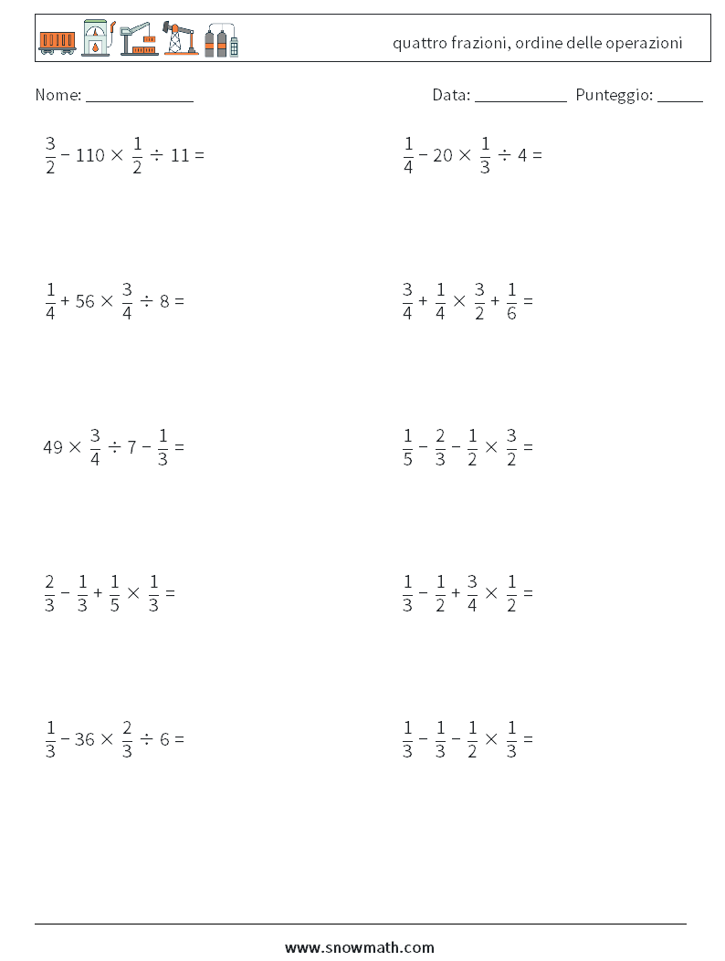 (10) quattro frazioni, ordine delle operazioni Fogli di lavoro di matematica 16
