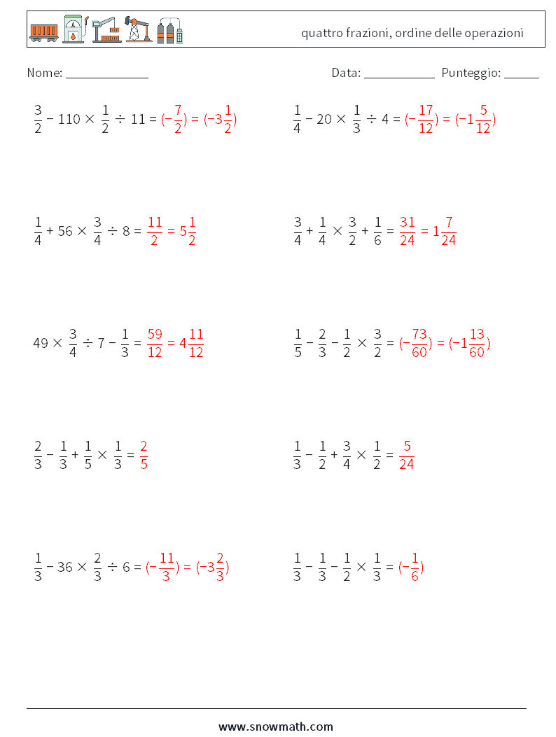 (10) quattro frazioni, ordine delle operazioni Fogli di lavoro di matematica 16 Domanda, Risposta