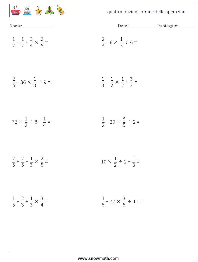 (10) quattro frazioni, ordine delle operazioni Fogli di lavoro di matematica 17