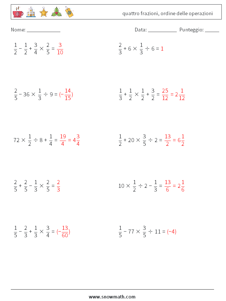 (10) quattro frazioni, ordine delle operazioni Fogli di lavoro di matematica 17 Domanda, Risposta