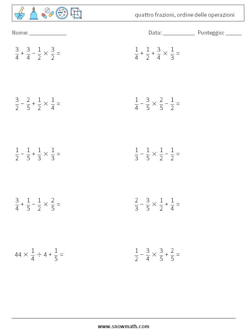 (10) quattro frazioni, ordine delle operazioni Fogli di lavoro di matematica 2