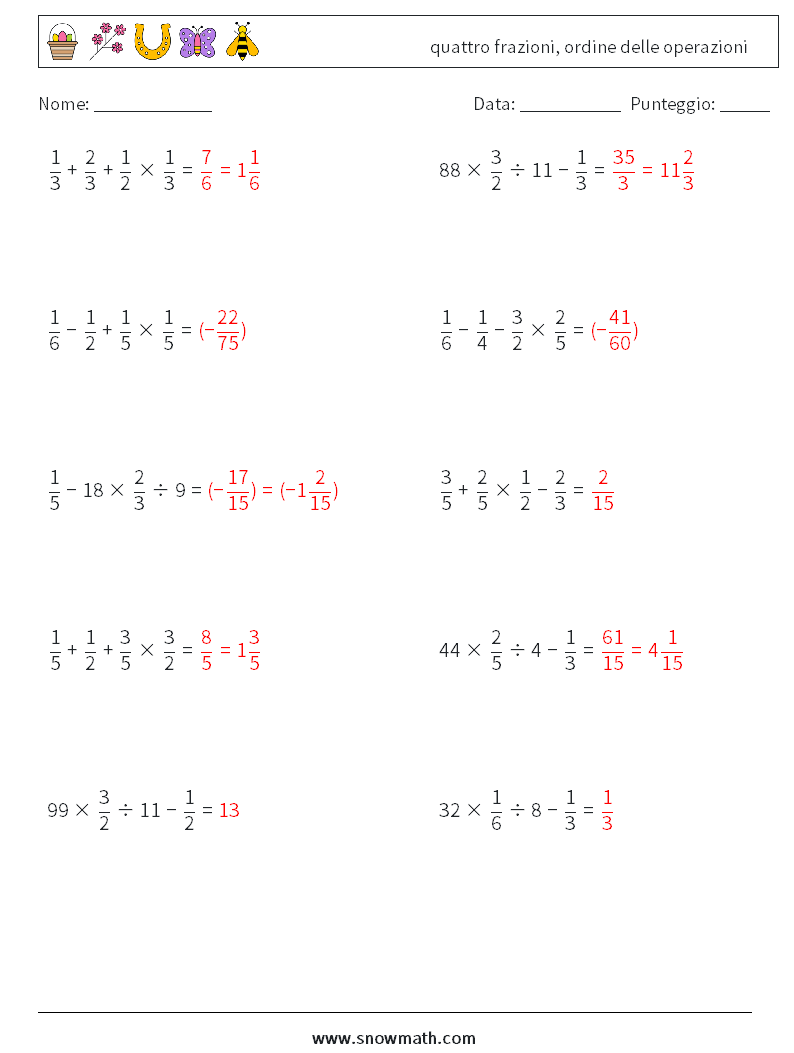 (10) quattro frazioni, ordine delle operazioni Fogli di lavoro di matematica 3 Domanda, Risposta