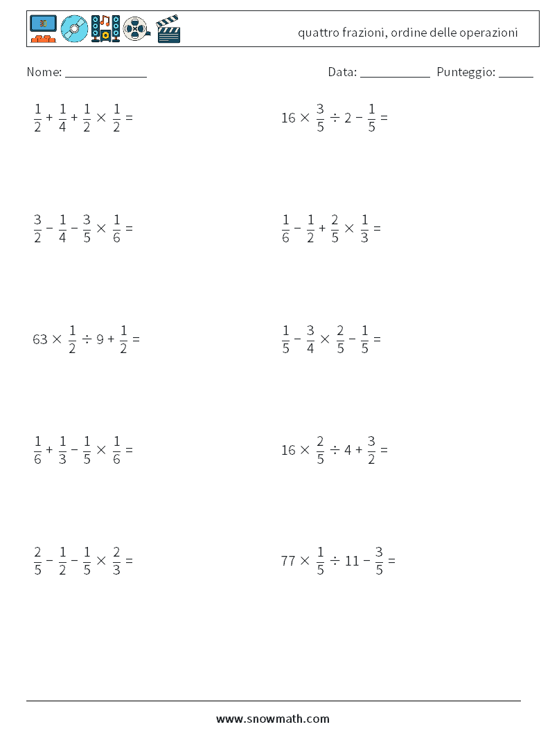 (10) quattro frazioni, ordine delle operazioni Fogli di lavoro di matematica 8