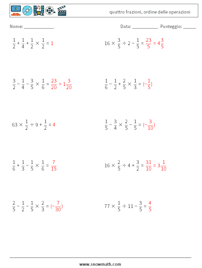 (10) quattro frazioni, ordine delle operazioni Fogli di lavoro di matematica 8 Domanda, Risposta