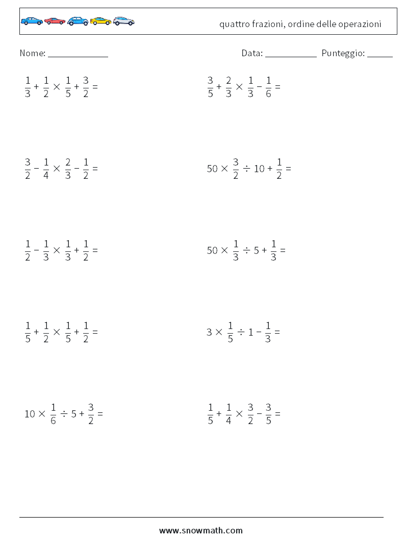 (10) quattro frazioni, ordine delle operazioni Fogli di lavoro di matematica 9