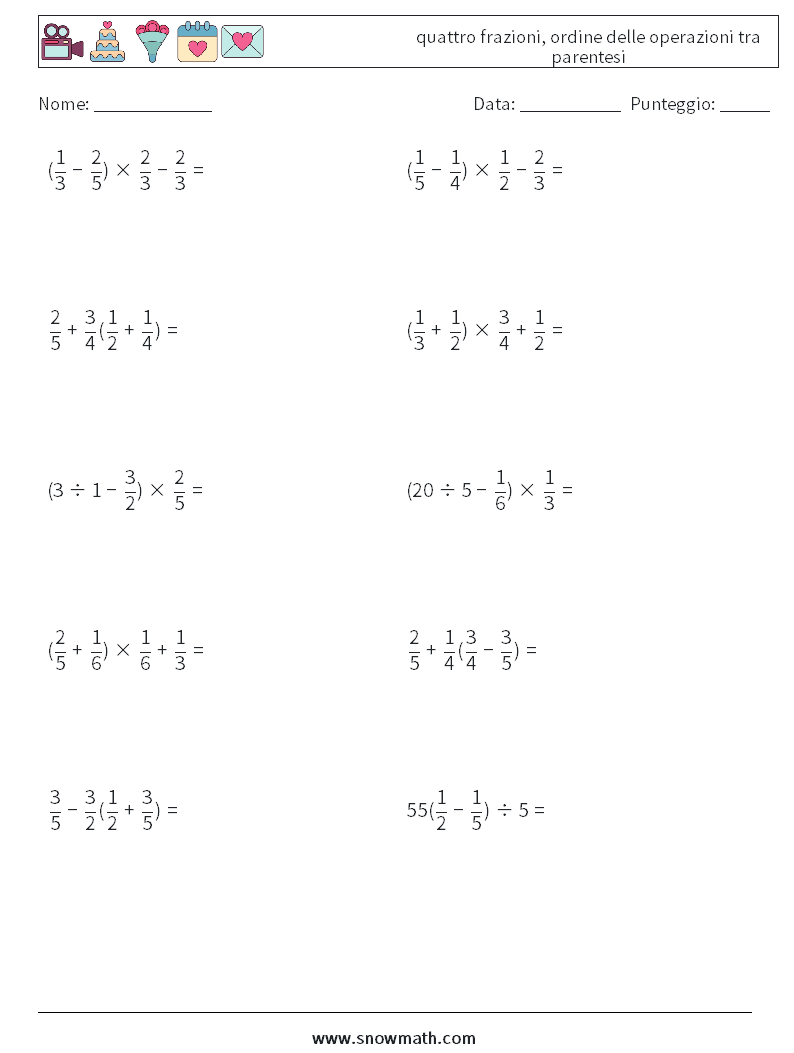 (10) quattro frazioni, ordine delle operazioni tra parentesi Fogli di lavoro di matematica 10