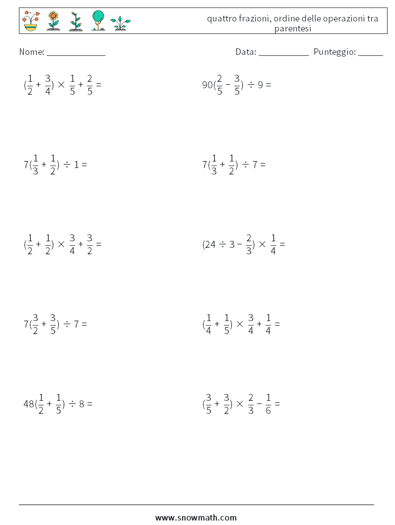(10) quattro frazioni, ordine delle operazioni tra parentesi Fogli di lavoro di matematica 14
